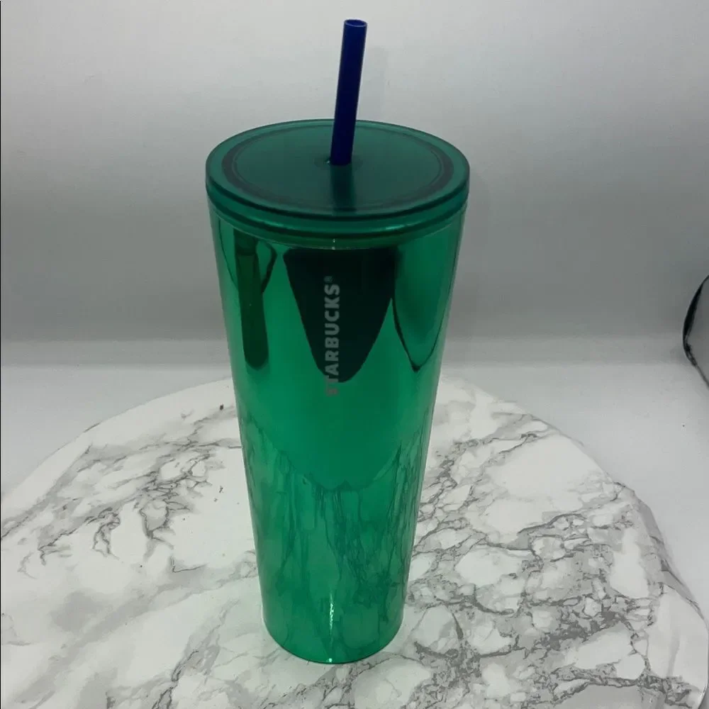 STARBUCKS Reflective Green 24 Oz Venti Cold Cup Tumbler with Lid and Straw